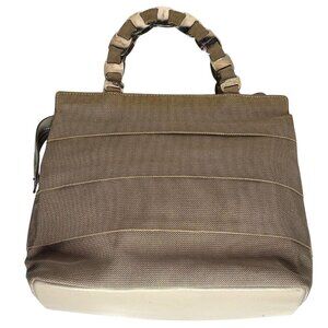 Vintage 90s Salvatore Ferragamo Taupe Tiered Canvas Silver Logo Link Strap Bag